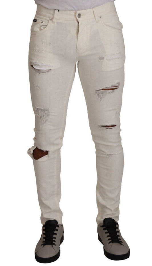 White Tattered Skinny Cotton Men Denim Jeans
