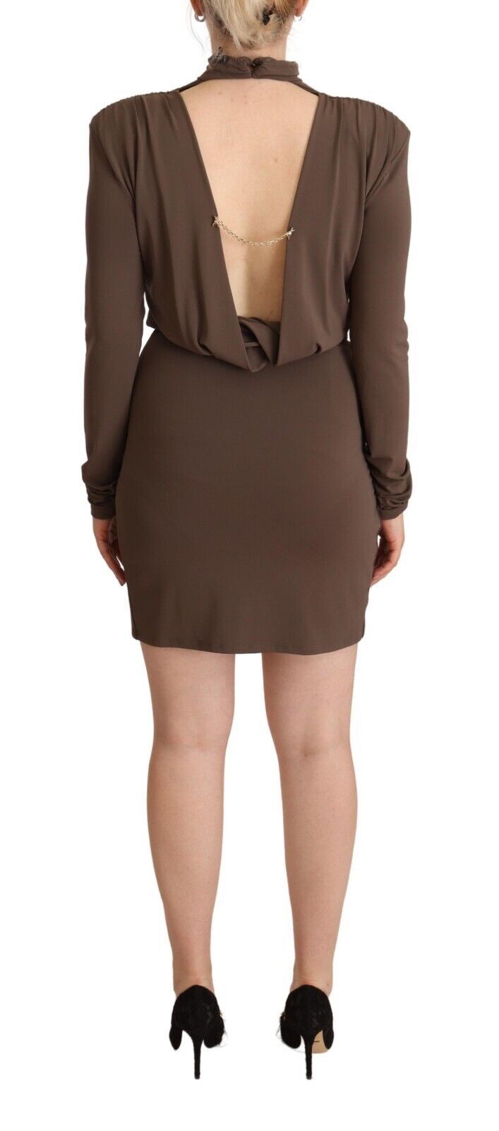 Brown Acetate Long Sleeves Turtle Neck Sheath Dress