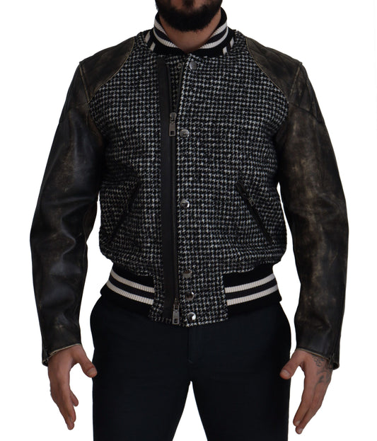 Black Houndstooth Polyester Bomber Jacket