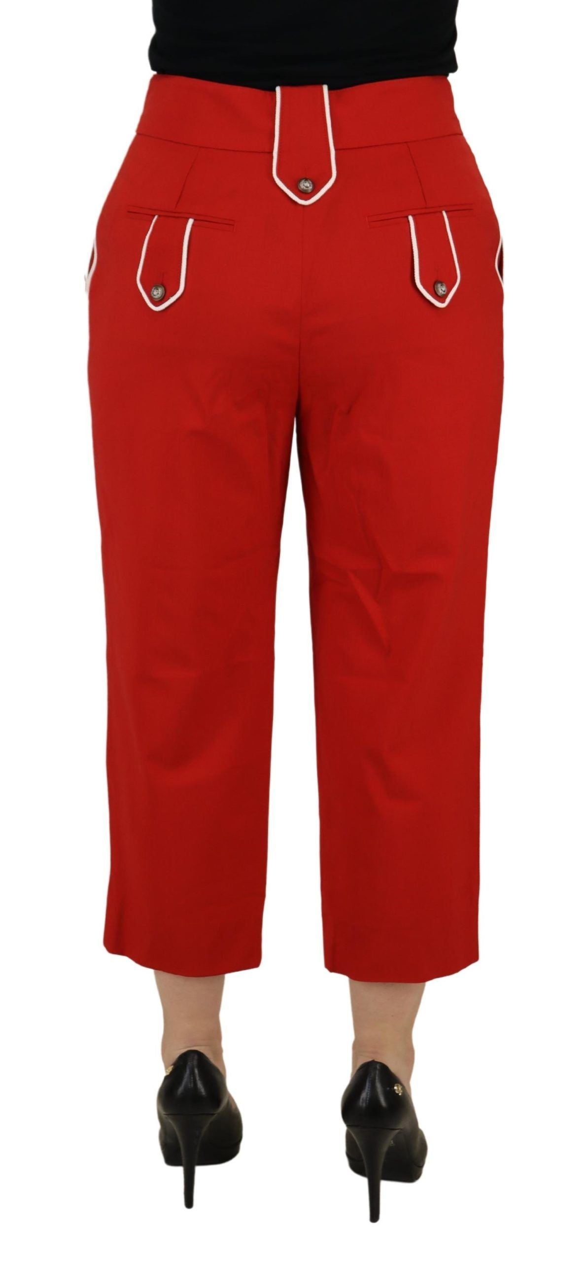 Red Button Embellished High Waist Pants