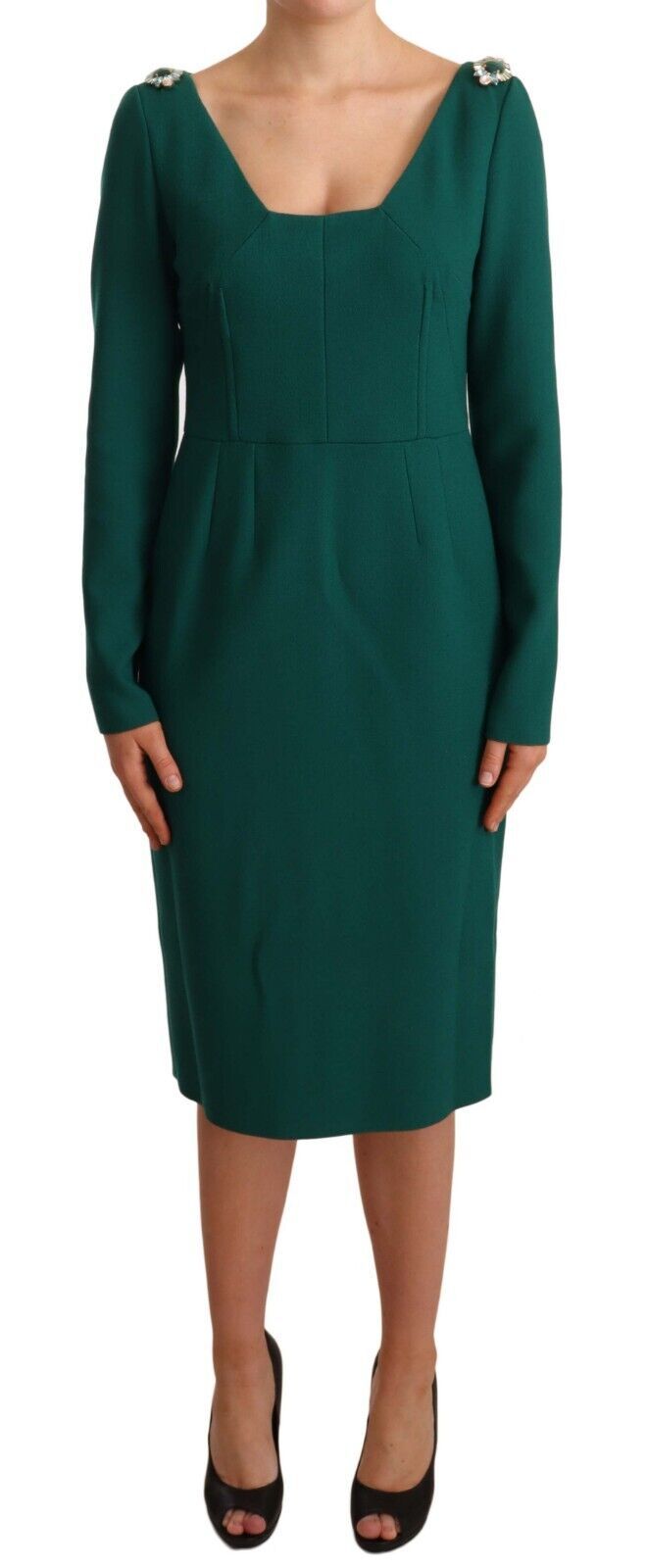 Green Stretch Crepe Crystal Midi Dress