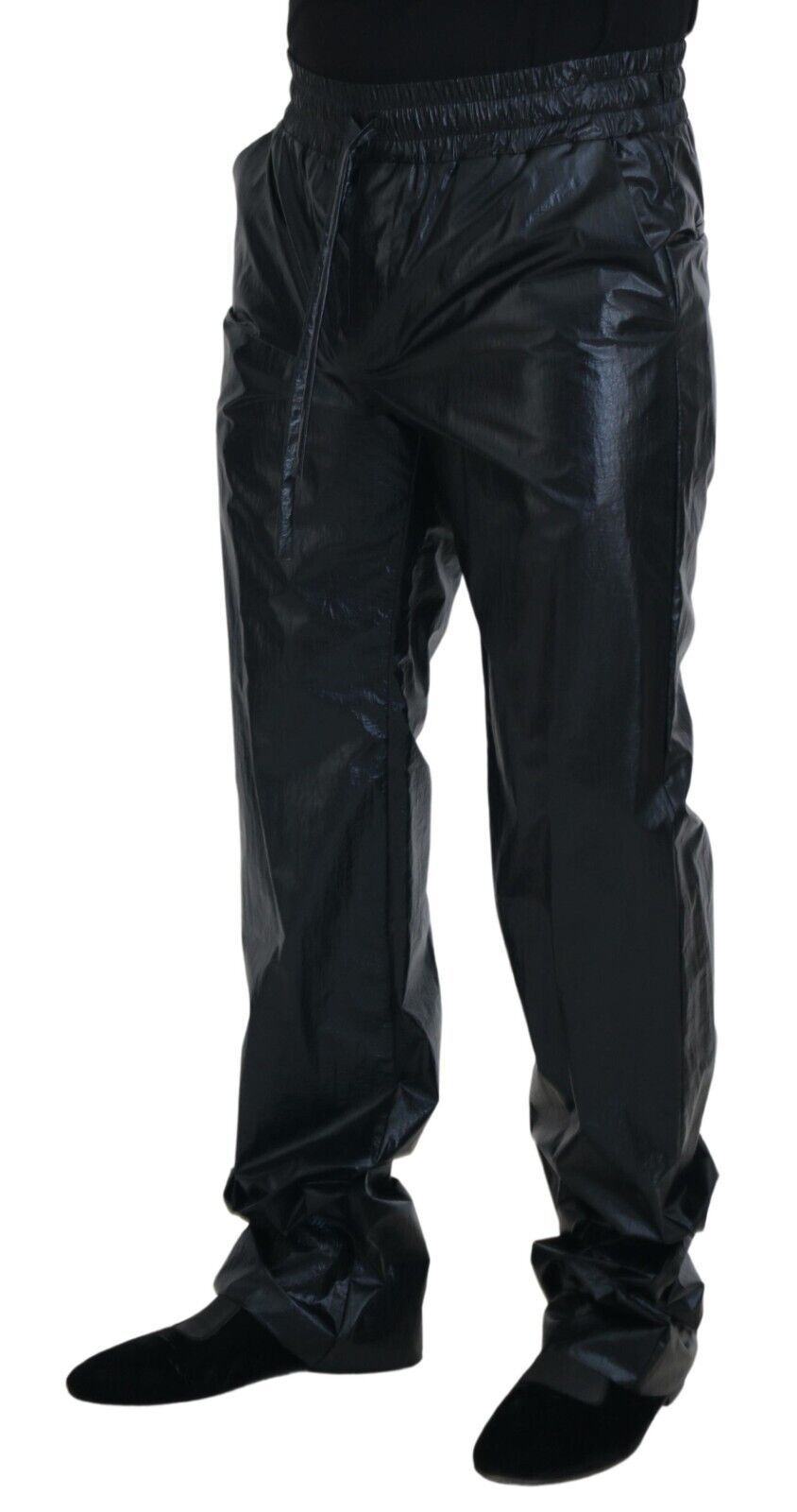 Black Shining Drawstring Trouser Nylon Pants