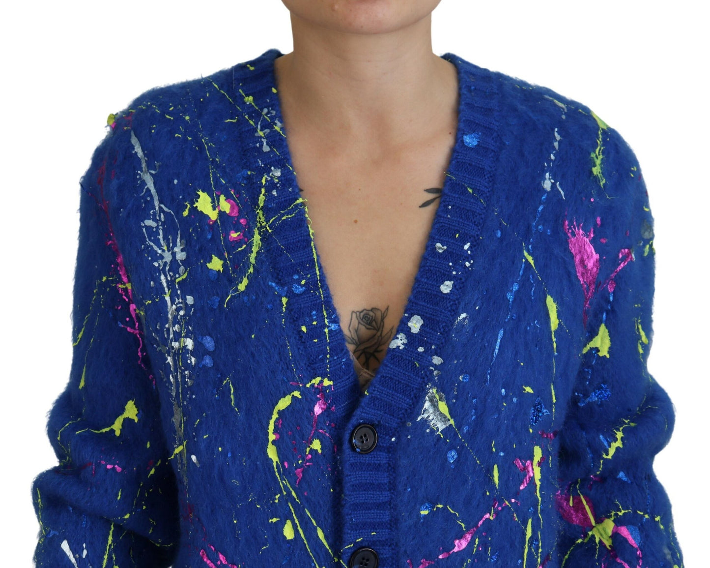 Blue Color Splash Mohair Cardigan Sweater