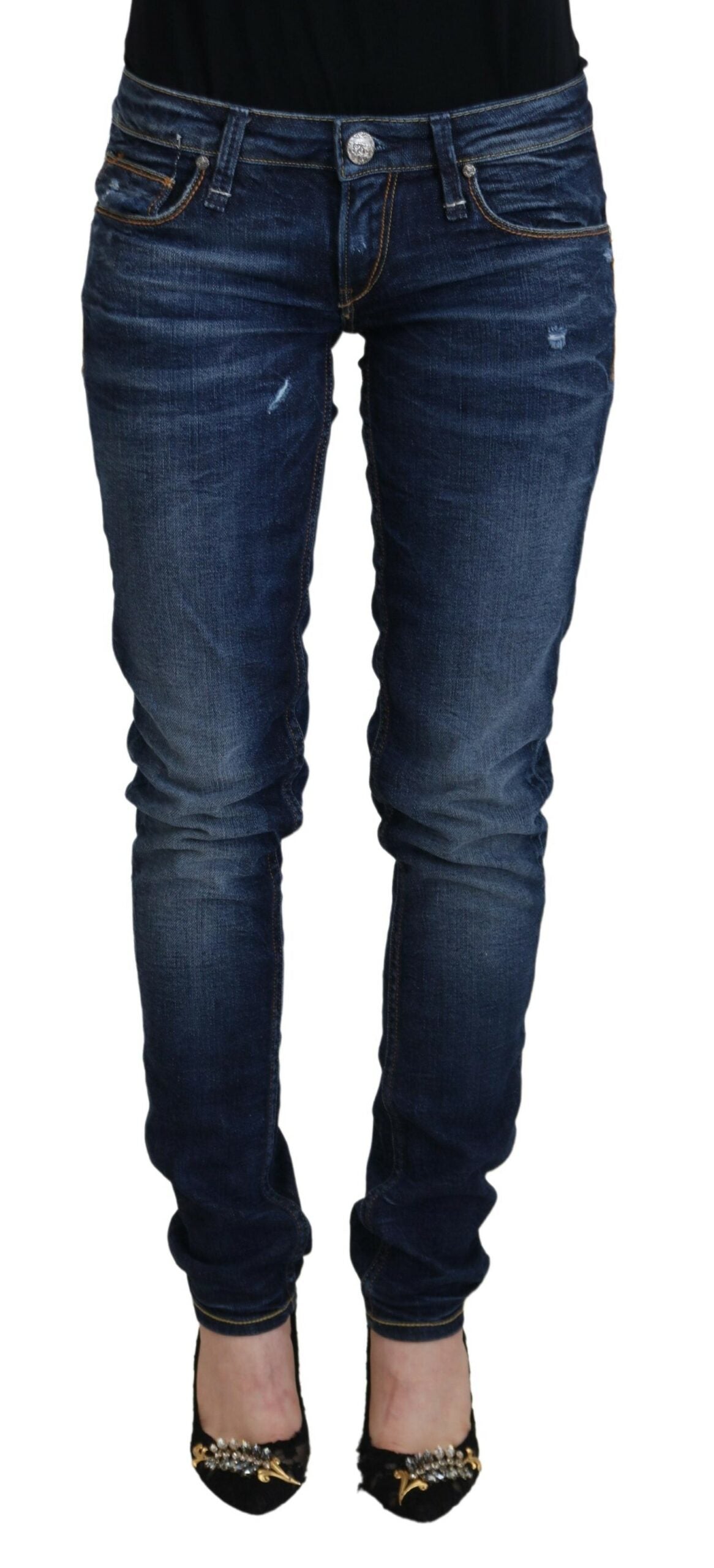 Blue Washed Cotton Low Waist Women Casual Jeans