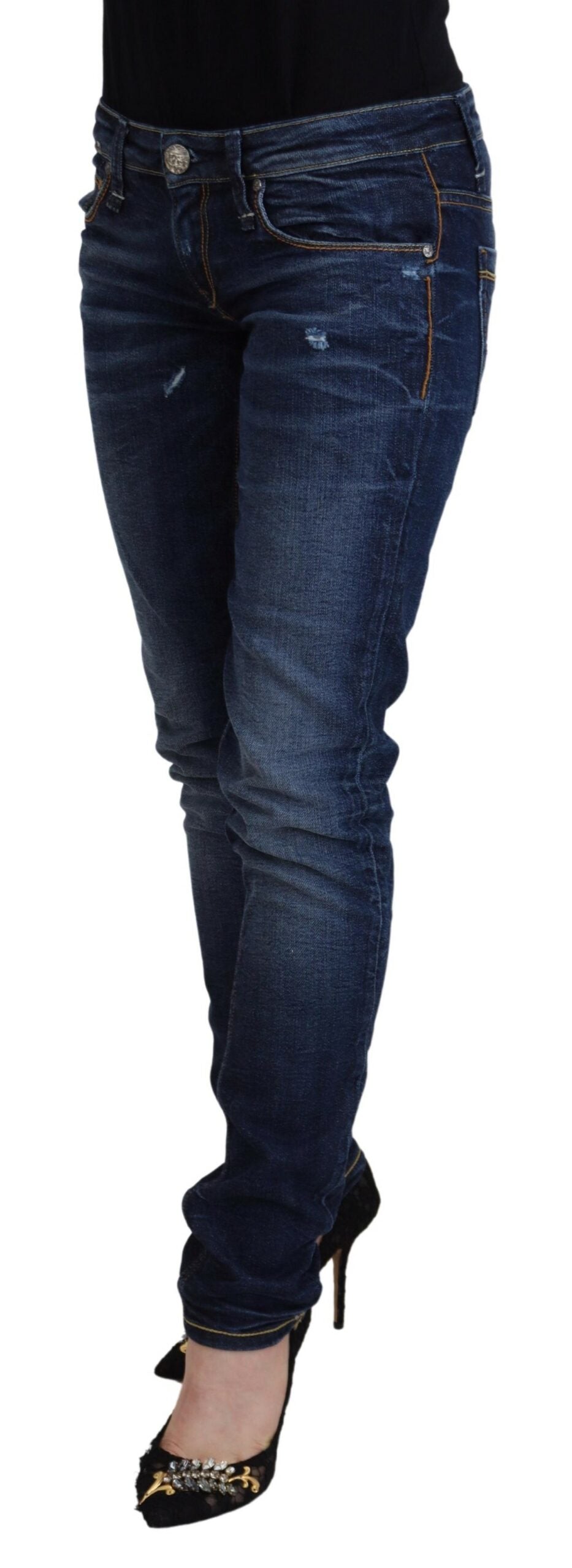 Blue Washed Cotton Low Waist Women Casual Jeans