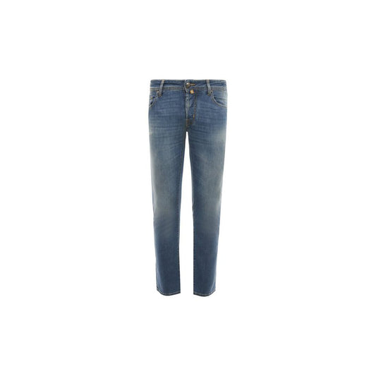 Blue Cotton Men Jeans with Stretch Fit and Embroidered Detail