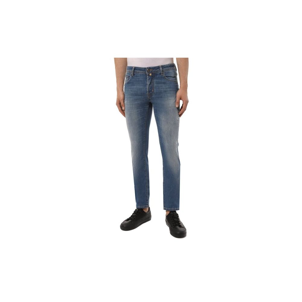 Blue Cotton Men Jeans with Stretch Fit and Embroidered Detail