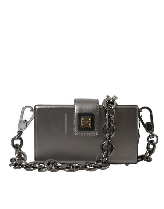 Metallic Gray Calfskin Leather DG BOX Shoulder Bag