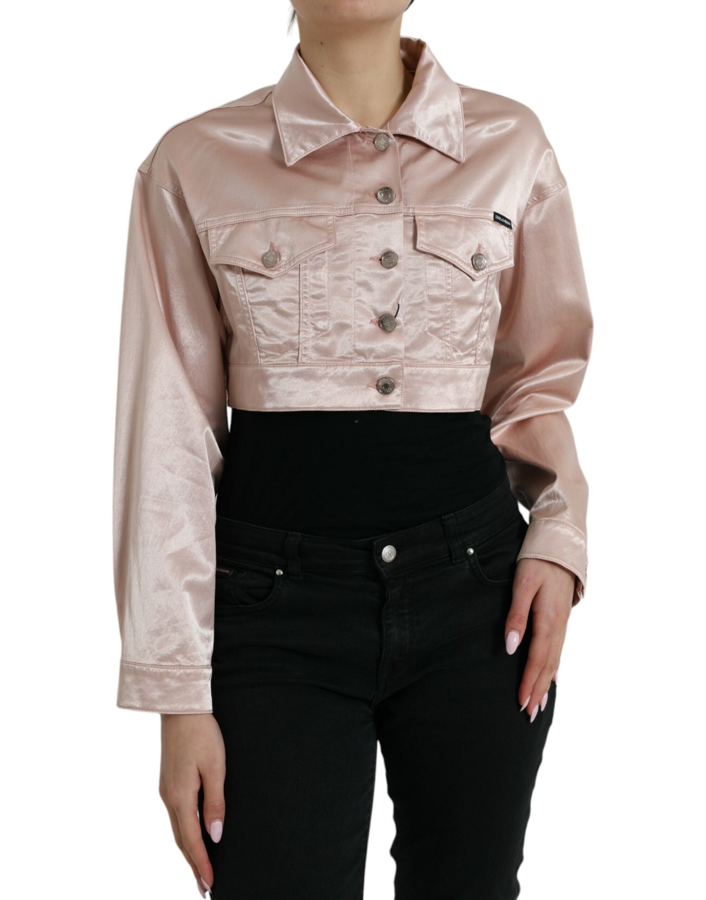 Pink Cotton Stretch Collared Cropped Jacket