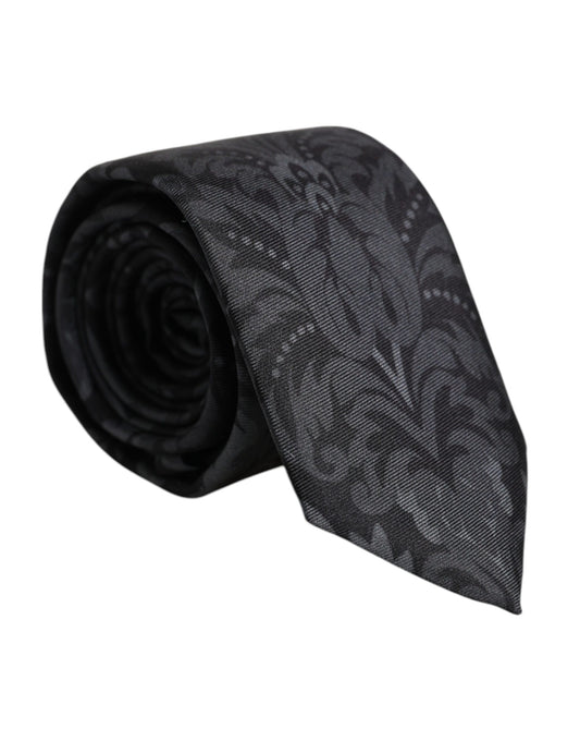 Black Gray Flower Print Adjustable Necktie Tie