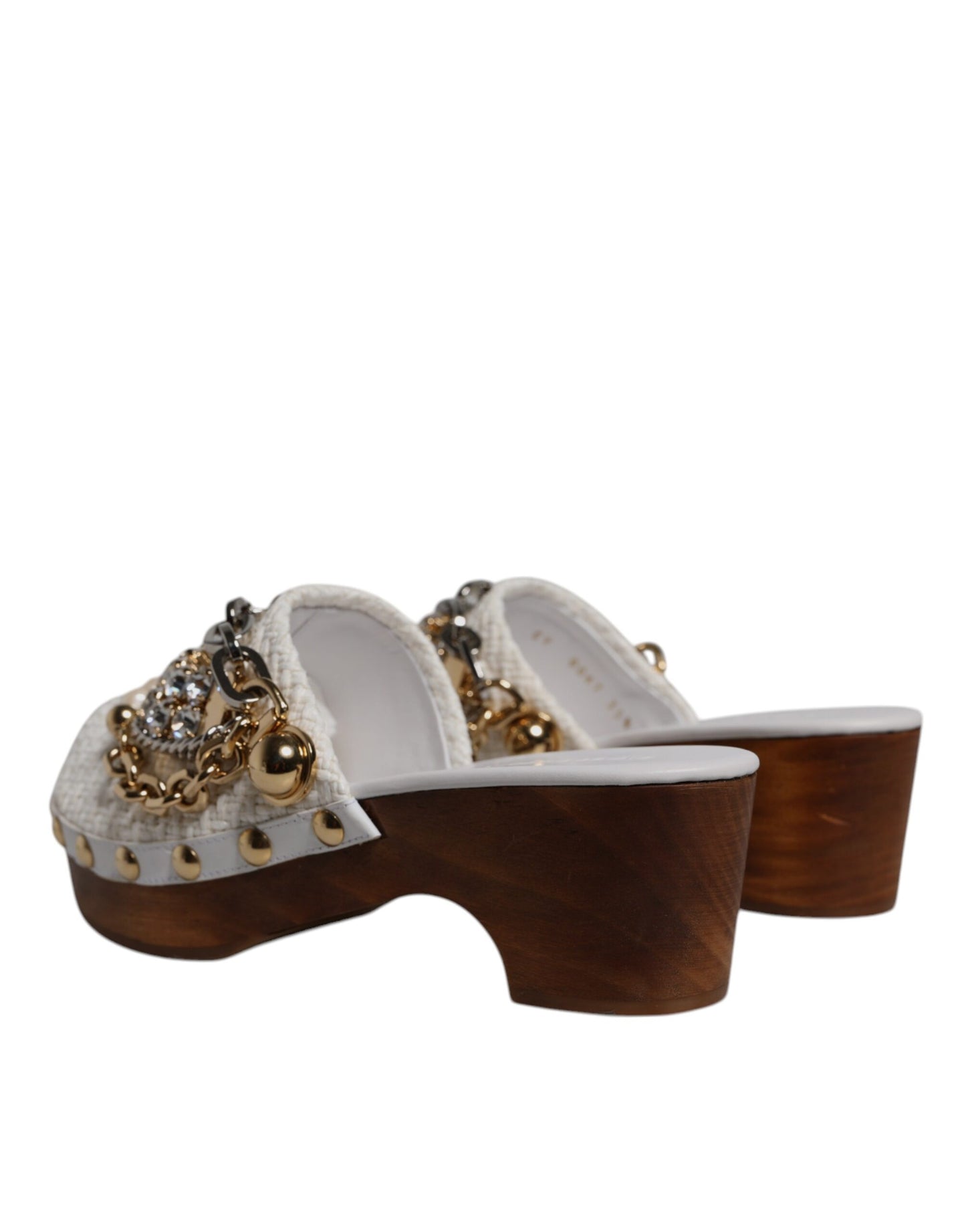 White Raffia Clogs Bejeweled Chain Sandals Shoes