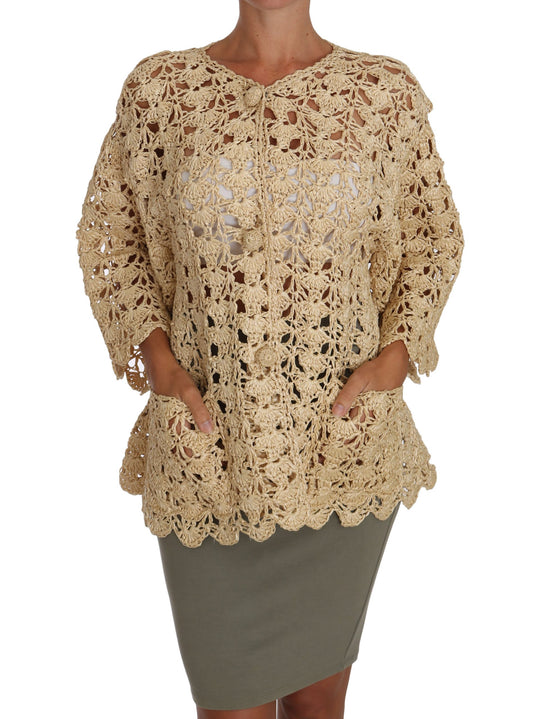 Beige Cardigan Crochet Knitted Raffia Sweater