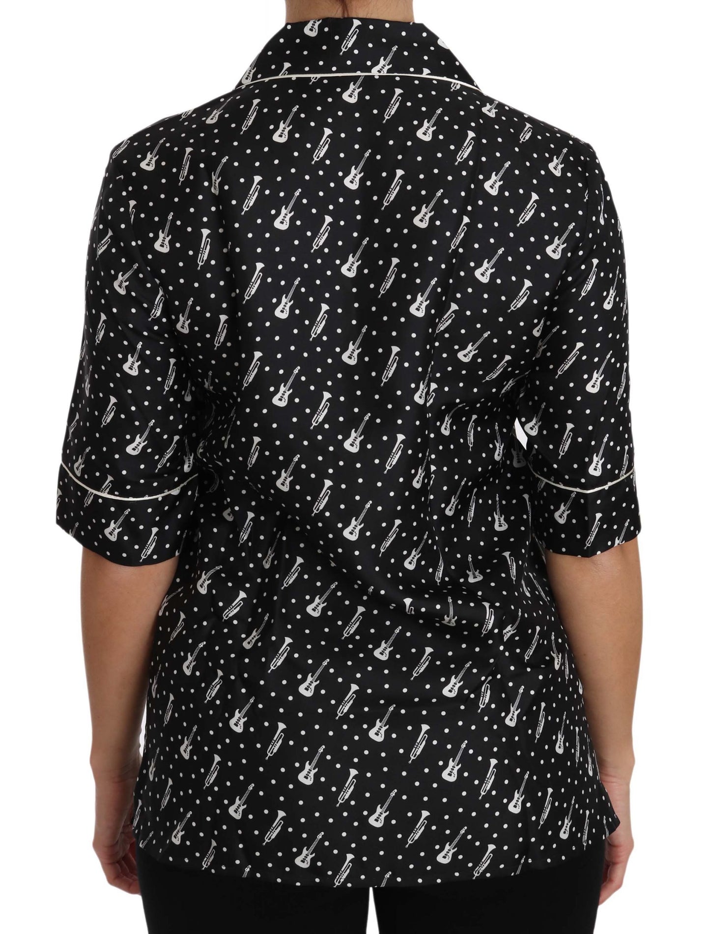 Black GuitarTrumpet Print Silk Shirt Top