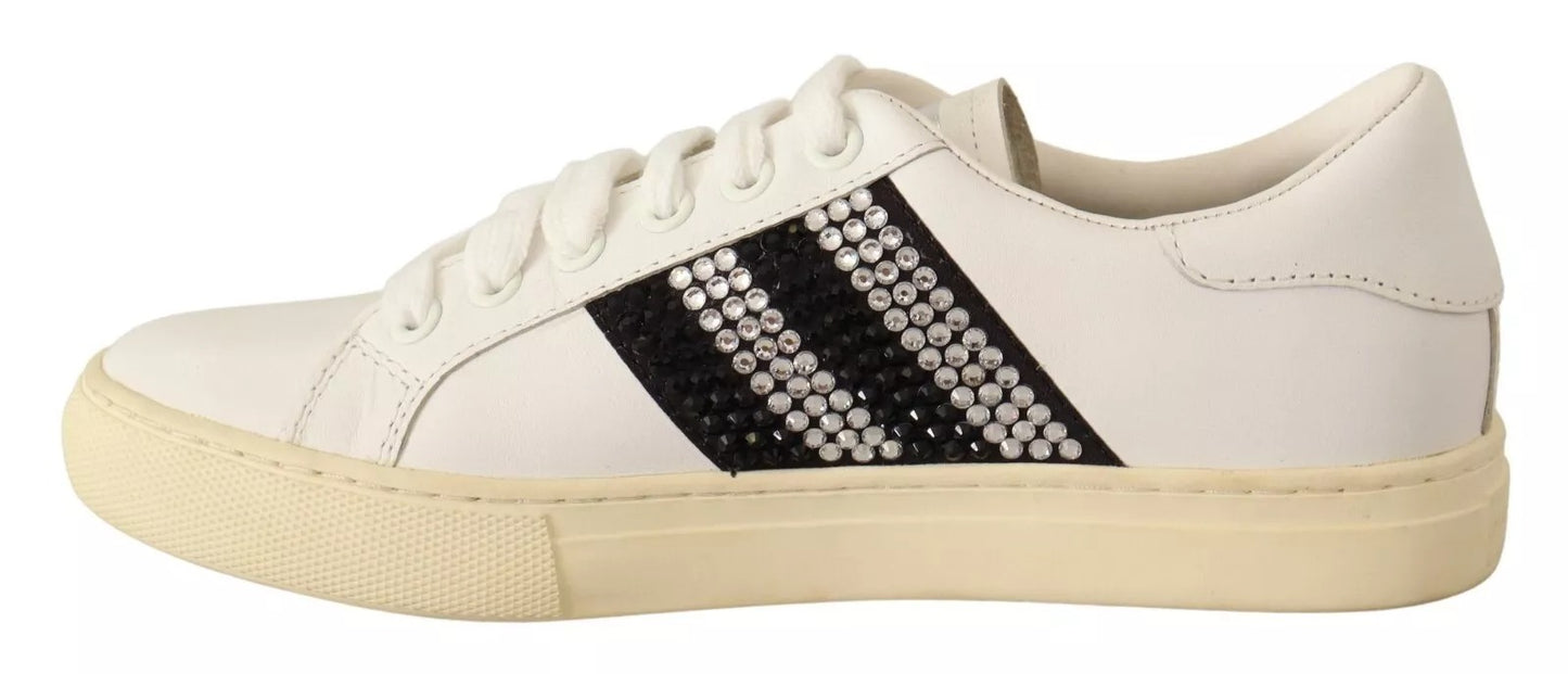 White Leather Crystal Embellished Sneakers Shoes