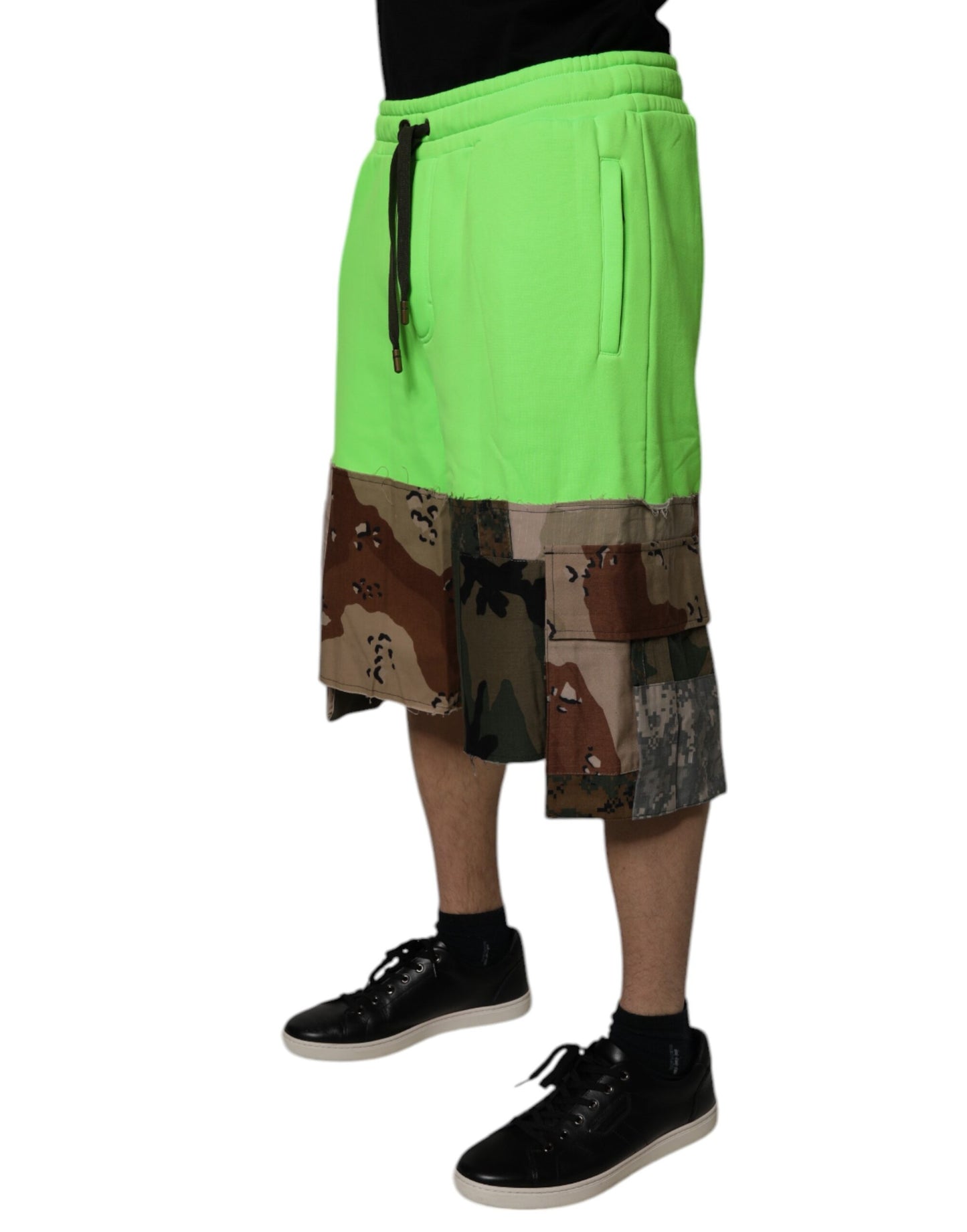 Green Patchwork Cargo Bermuda Shorts