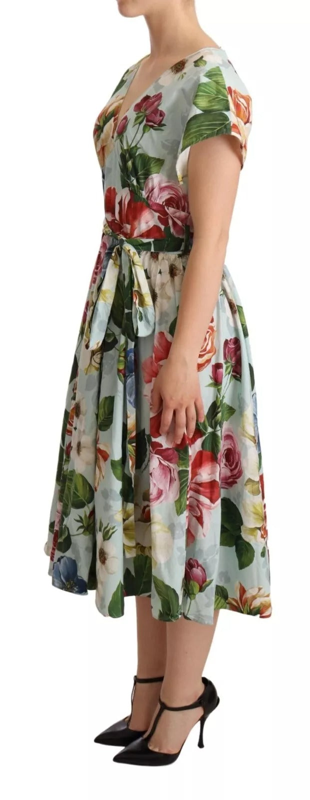 Green Floral Short Sleeves Cotton V-neck Dress