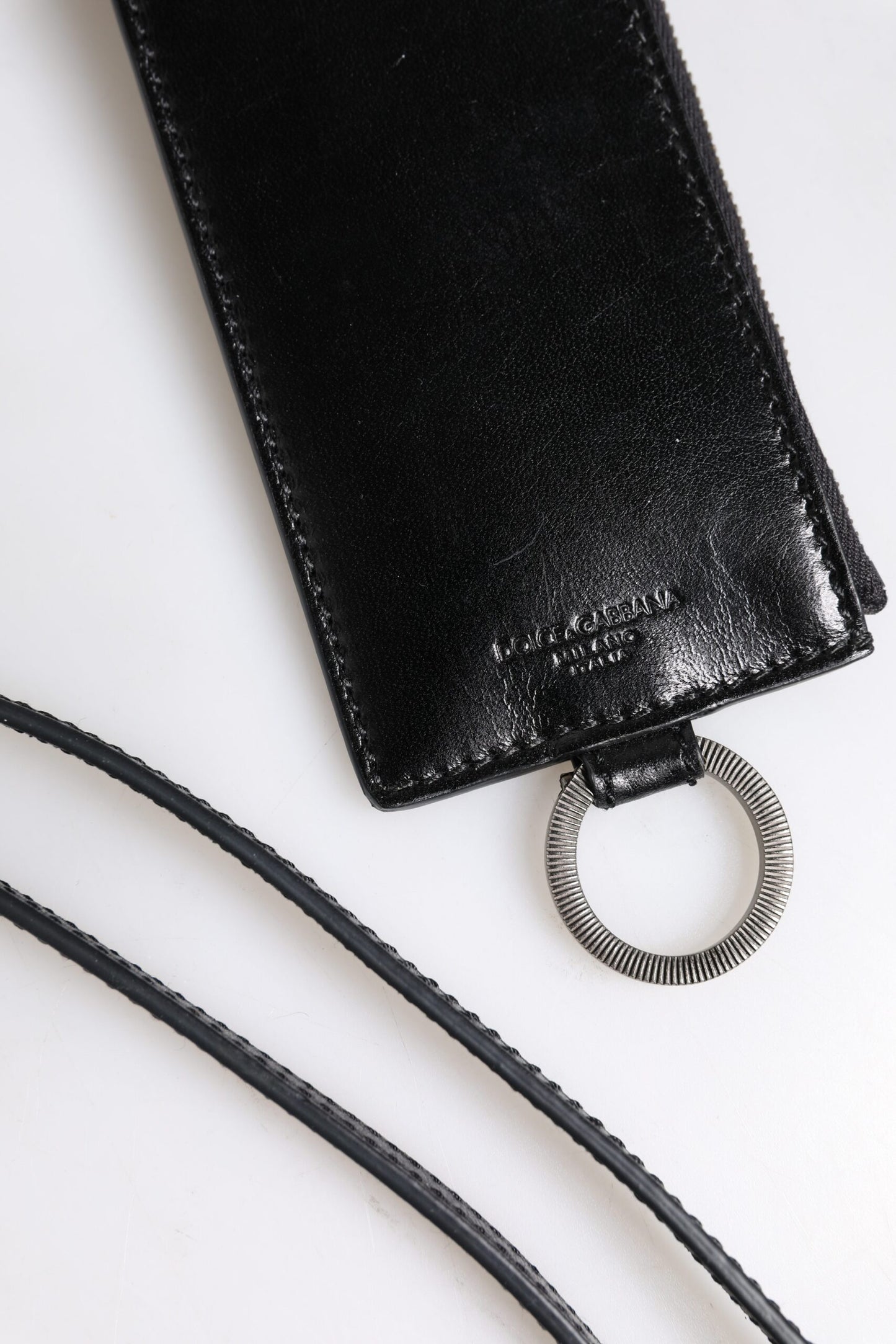 Black Leather Logo Embossed Lanyard Card Holder Wallet