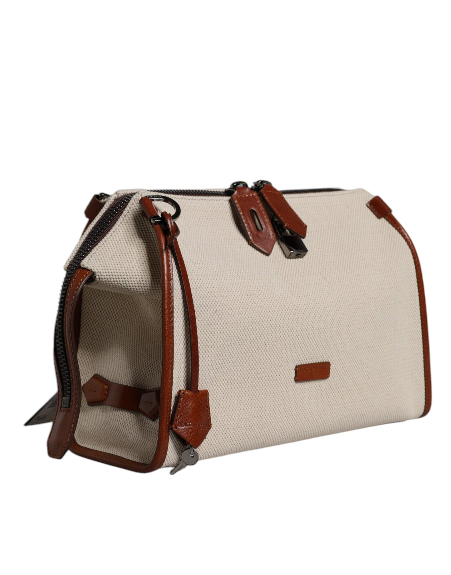 Beige Brown Cotton Leather Duffle Shoulder Bag