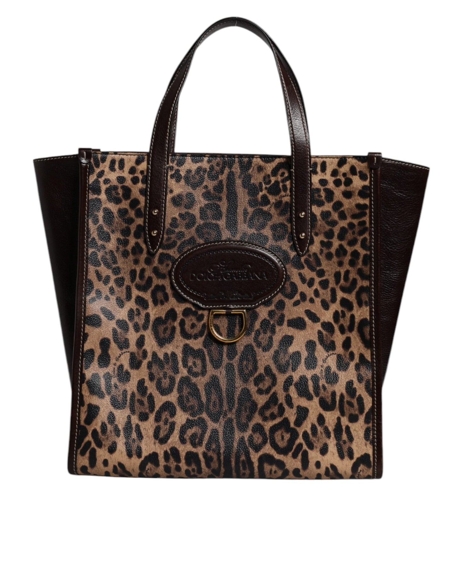 Brown Leopard Leather Shoulder Strap Tote Bag
