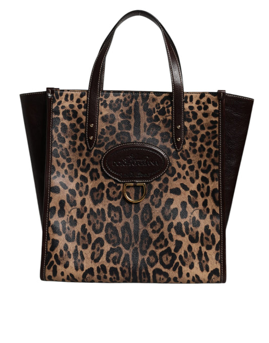 Brown Leopard Leather Shoulder Strap Tote Bag