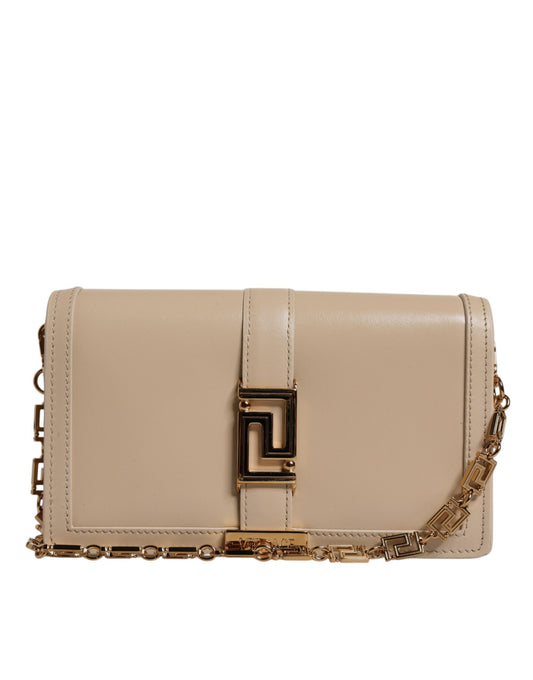 Beige Gold Chain Calf Leather Wallet Crossbody Bag