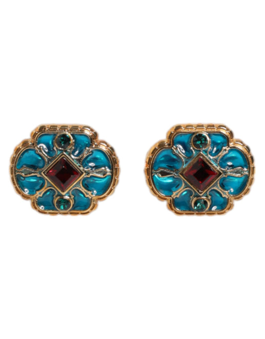 Gold Brass Blue Enameled Flower Cufflink
