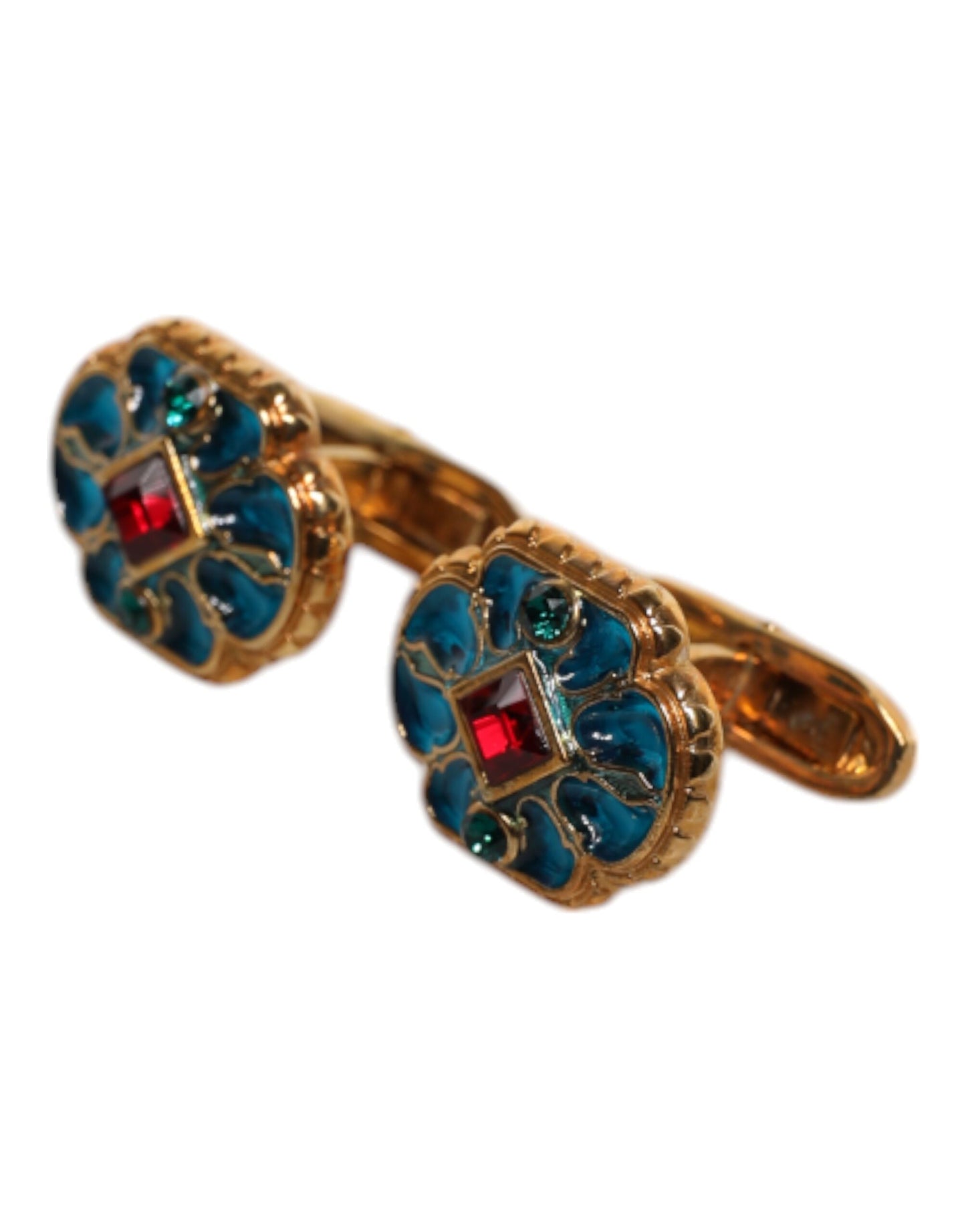 Gold Brass Blue Enameled Flower Cufflink