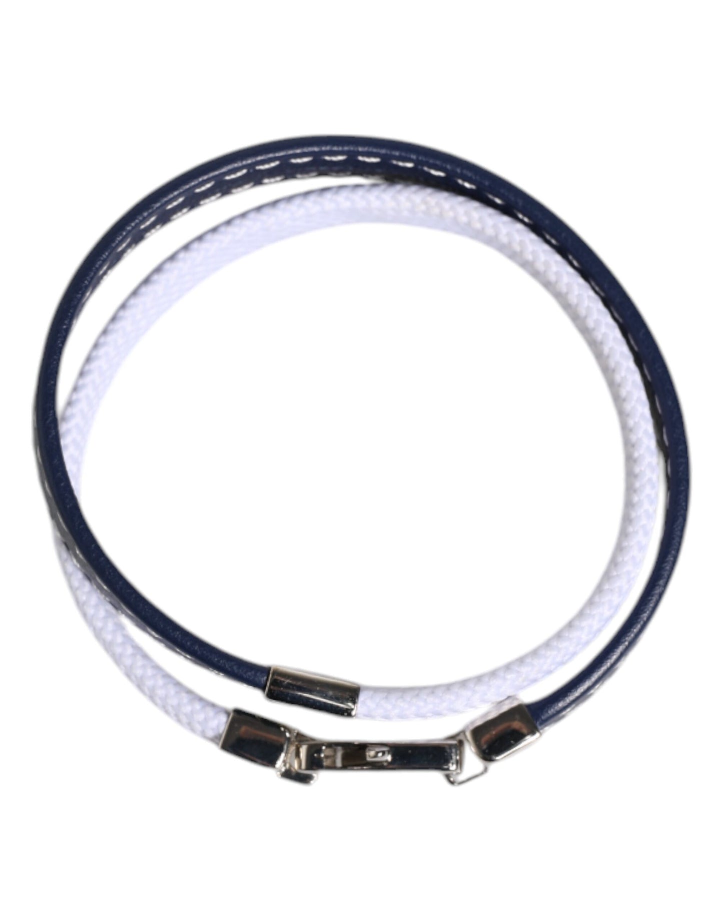 Blue White Leather Trimmed DG Engraved Silver Tone Clasp Bracelet