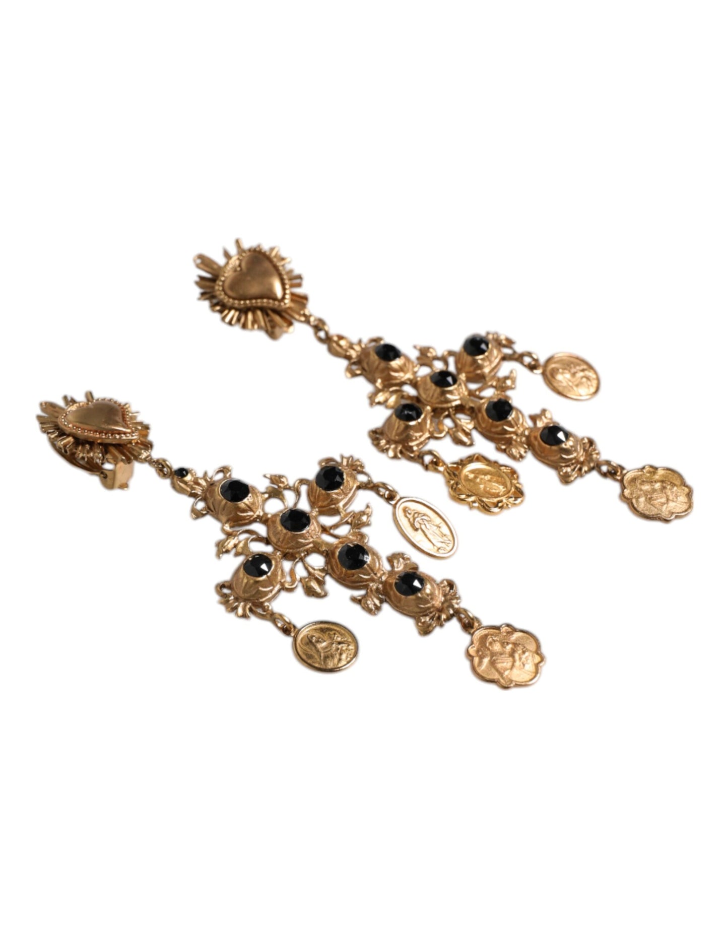 Gold Black Crystal Cross Sacred Heart Dangling Earrings