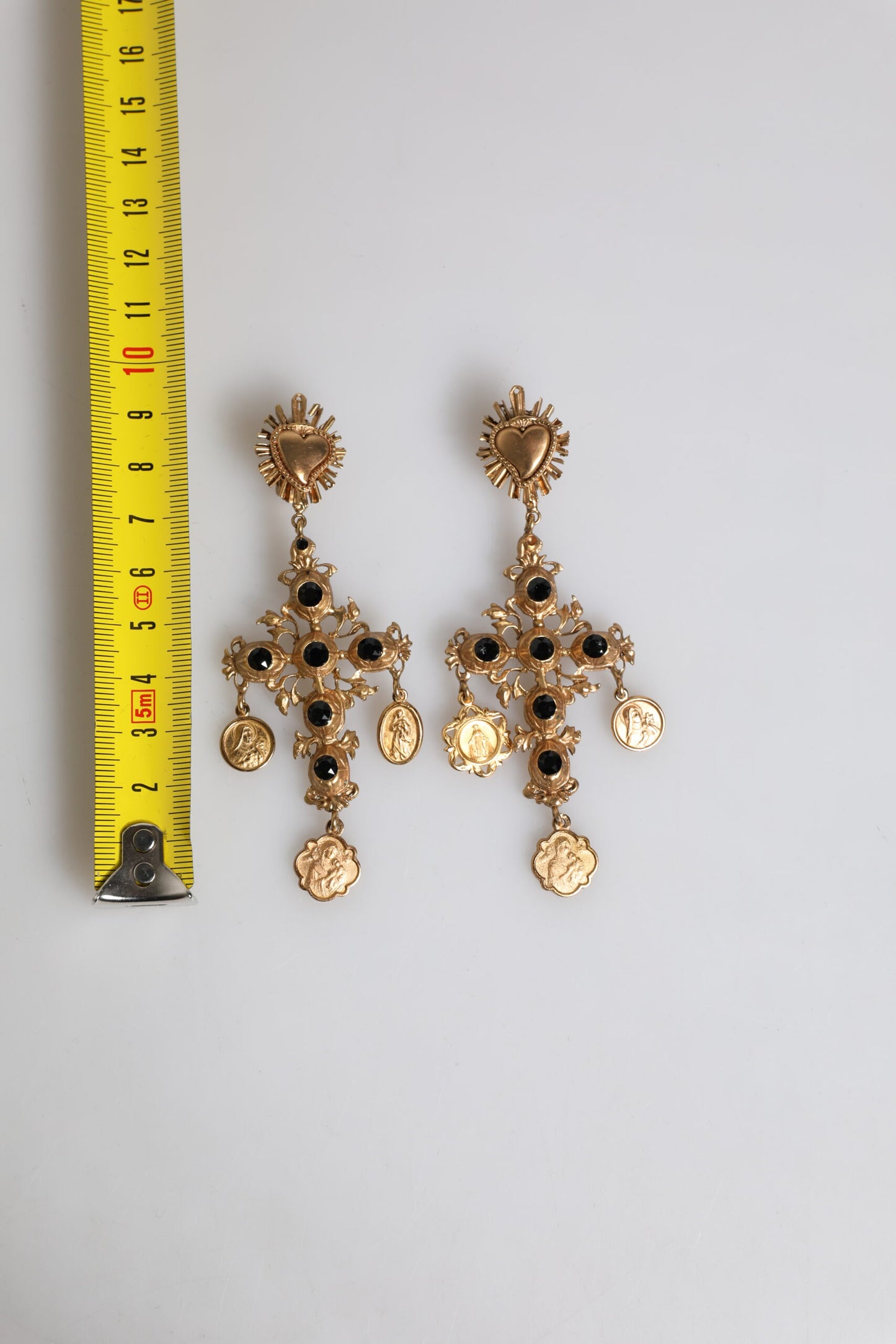 Gold Black Crystal Cross Sacred Heart Dangling Earrings