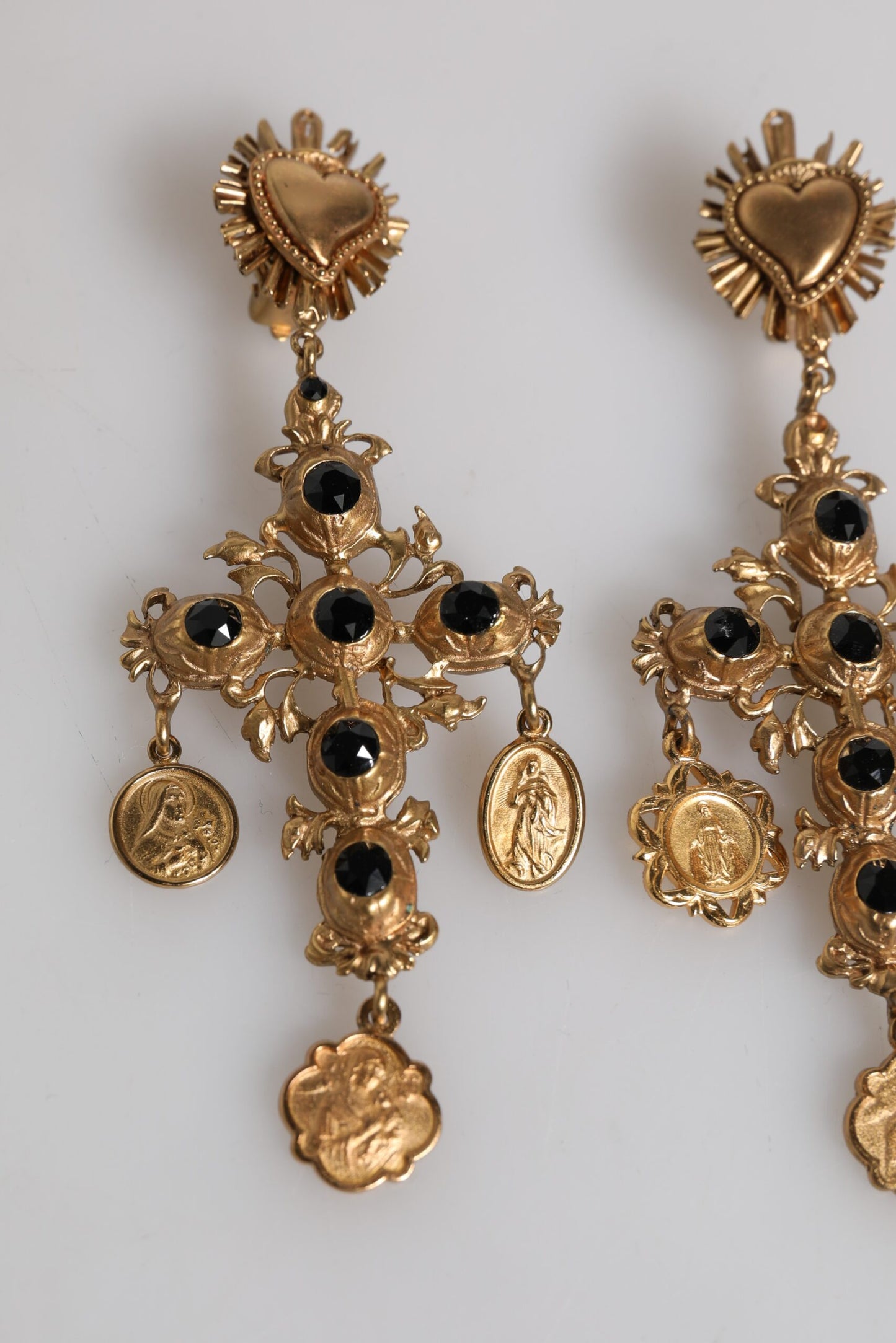 Gold Black Crystal Cross Sacred Heart Dangling Earrings