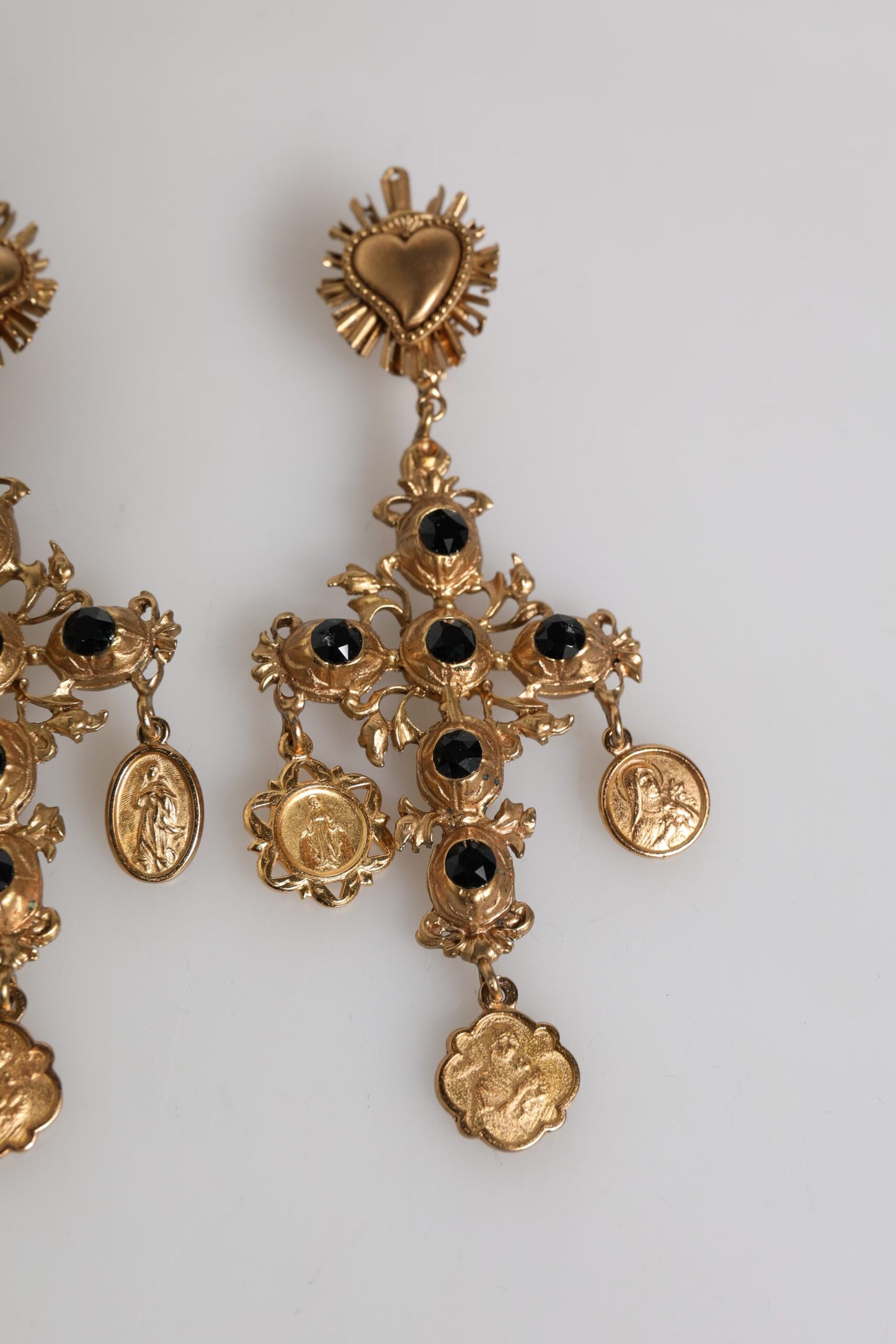 Gold Black Crystal Cross Sacred Heart Dangling Earrings