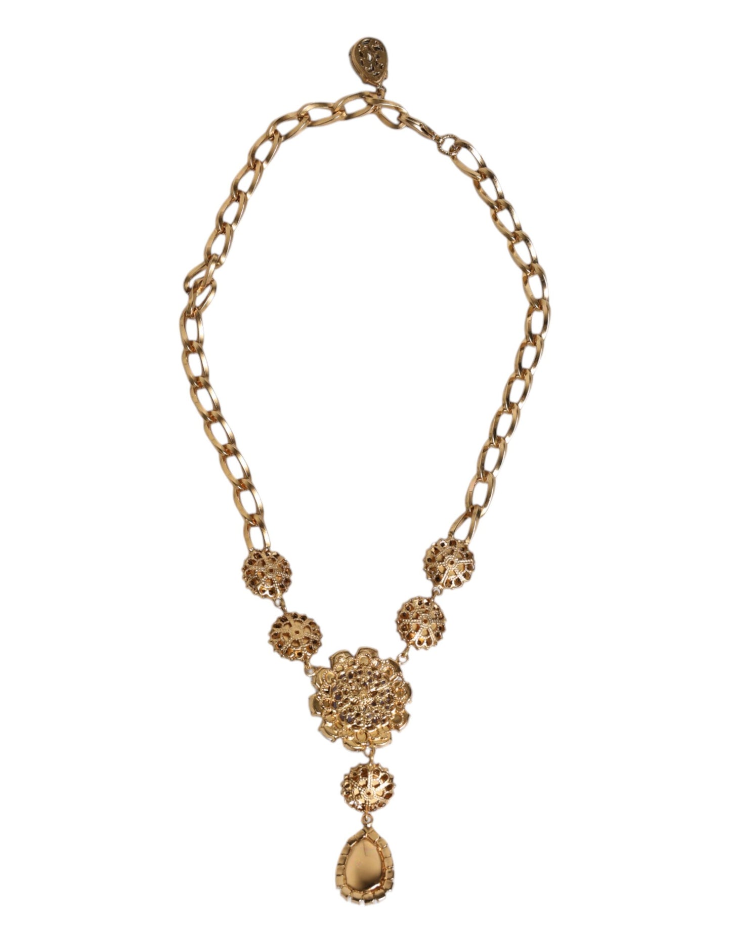 Gold Brass Floral Crystals Pearl Embellished Necklace
