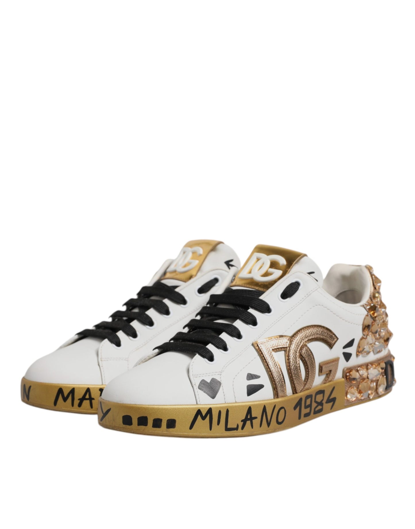 White Gold Crystal Logo Portofino Sneakers Shoes