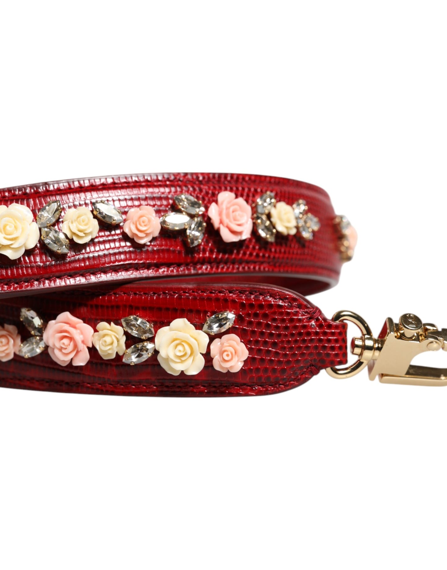Red Leather Floral Embellish Bag Shoulder Strap