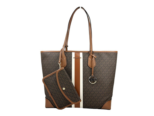 Eva Large Stripe Travel Tote Bag Plus Pouch Brown