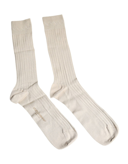Beige Cotton Stretch Logo Mid Calf Socks