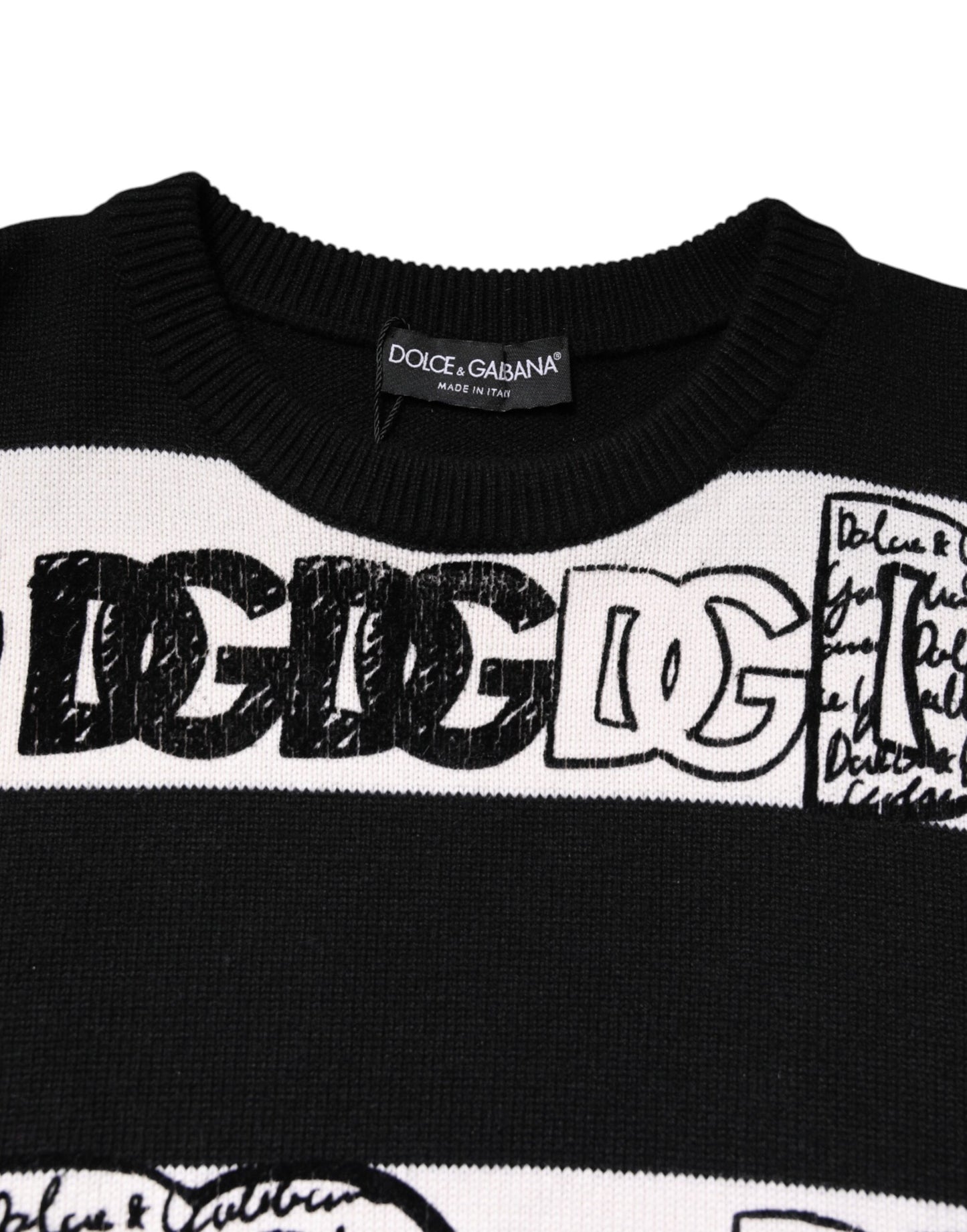 Black White Logo Print Wool Pullover Sweater