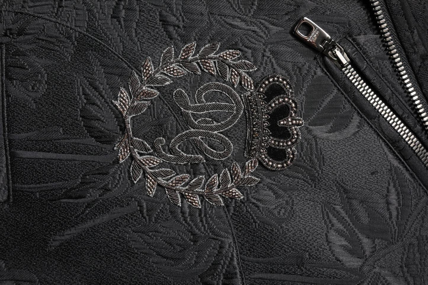 Black Brocade Cotton Full Zip Biker Jacket