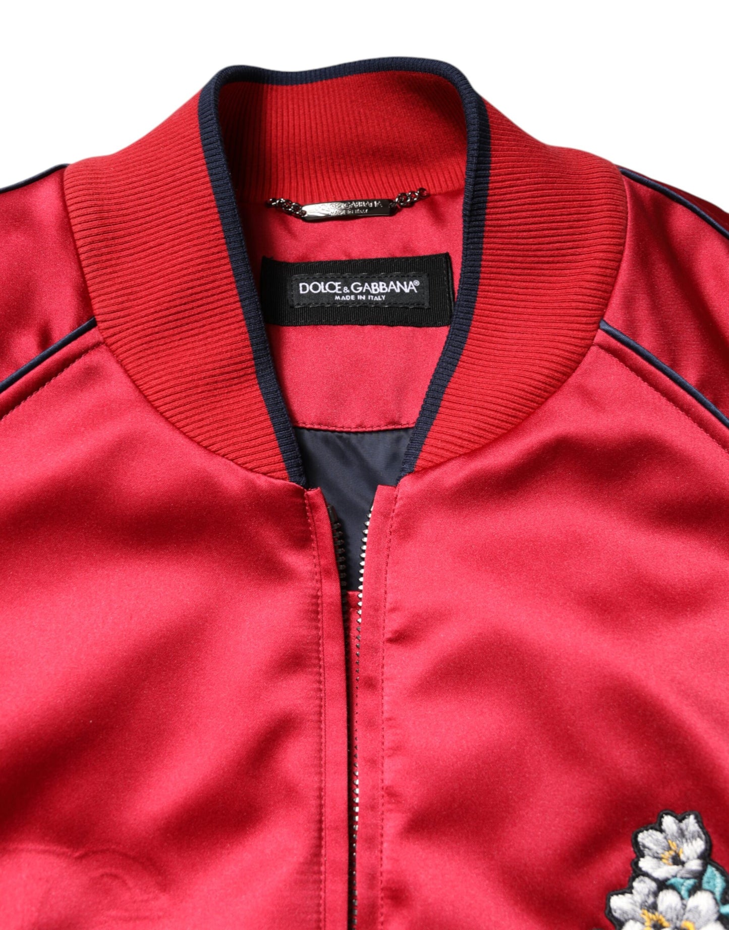 Red Floral Patch Full Zip Men Bomber Jacket