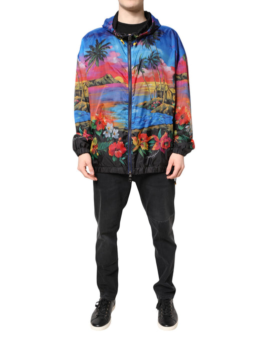 Multicolor Print Hooded Windbreaker Jacket
