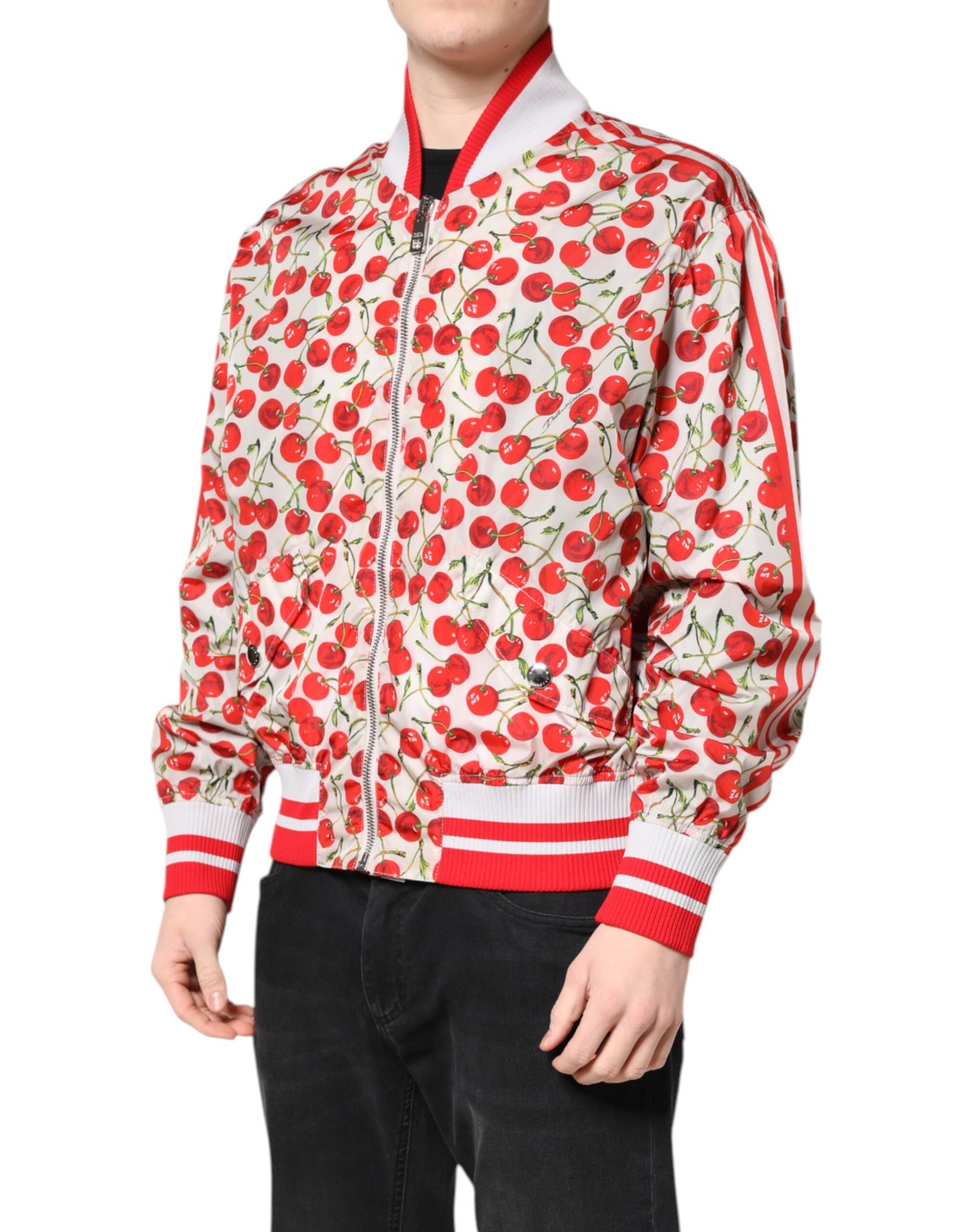 White Cherry Print Full Zip Bomber Jacket