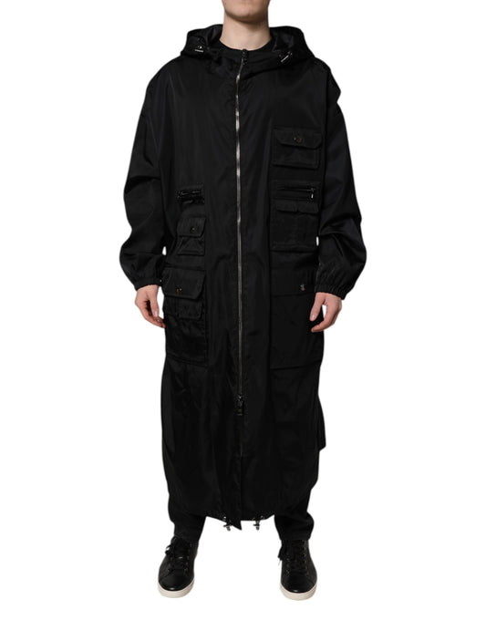 Black Hooded Long Men Windbreaker Jacket