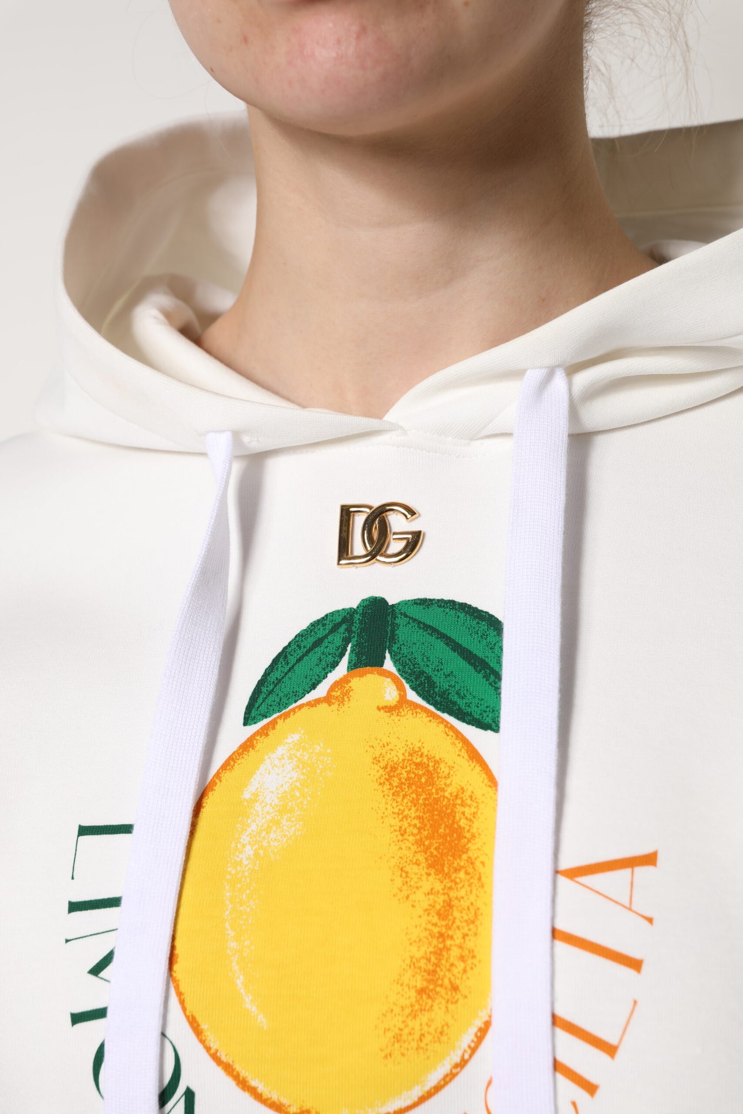 Ivory Cotton Printed Hooded Pullover Sweater