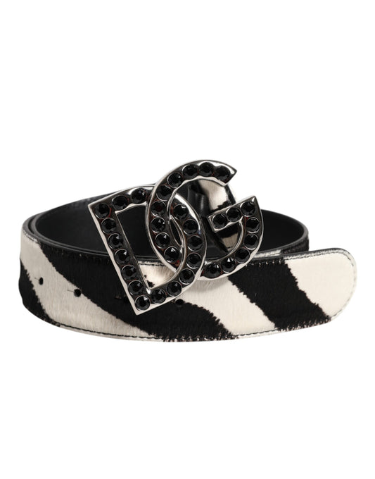White Black Leather Zebra DG Crystal Buckle Belt