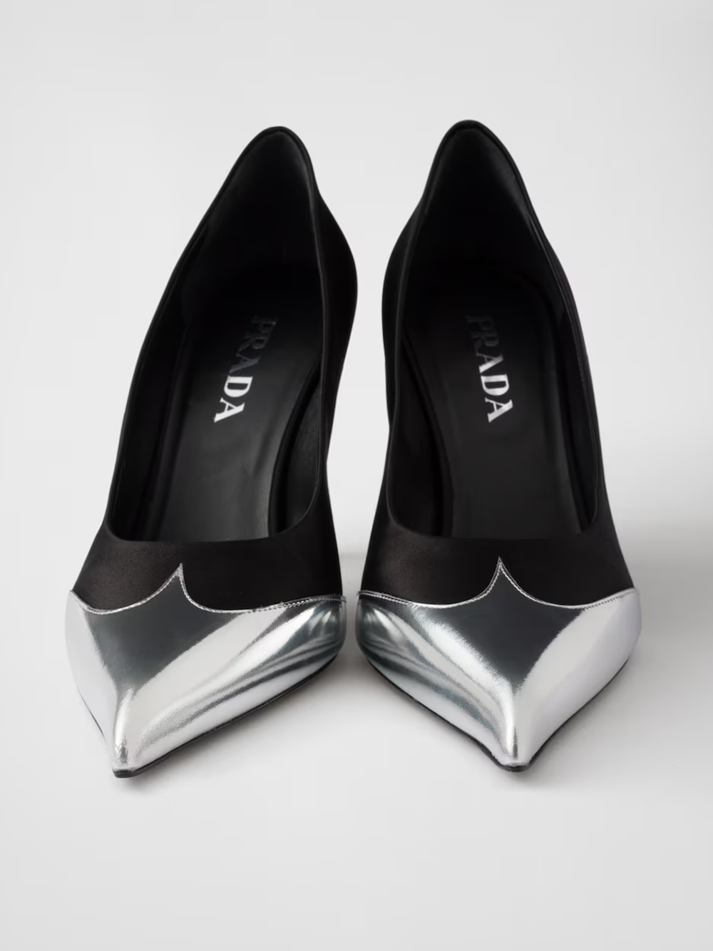 Black Satin And Metallic Silver Leather Pumps