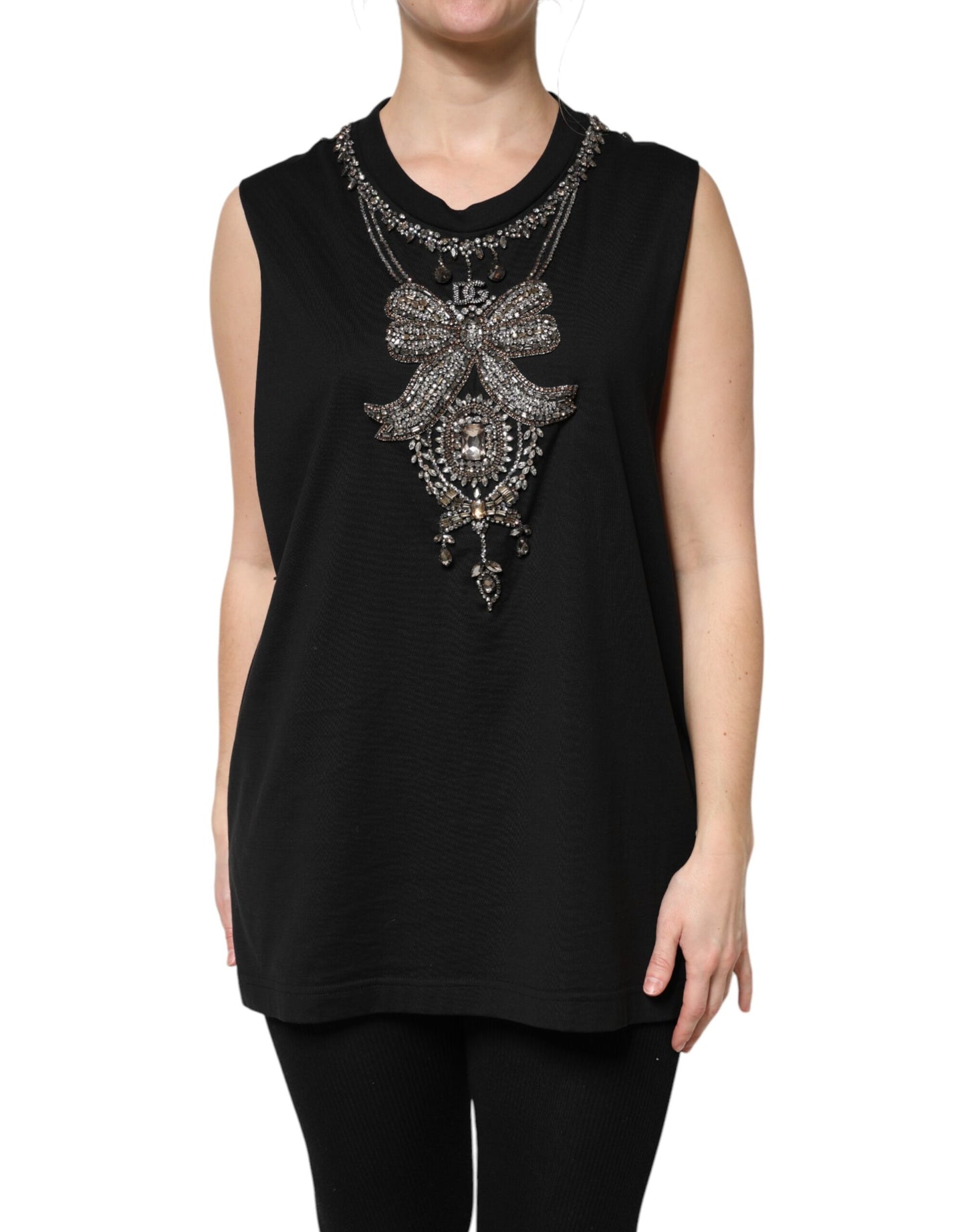 Black Cotton Rhinestone Embellished Tank Top