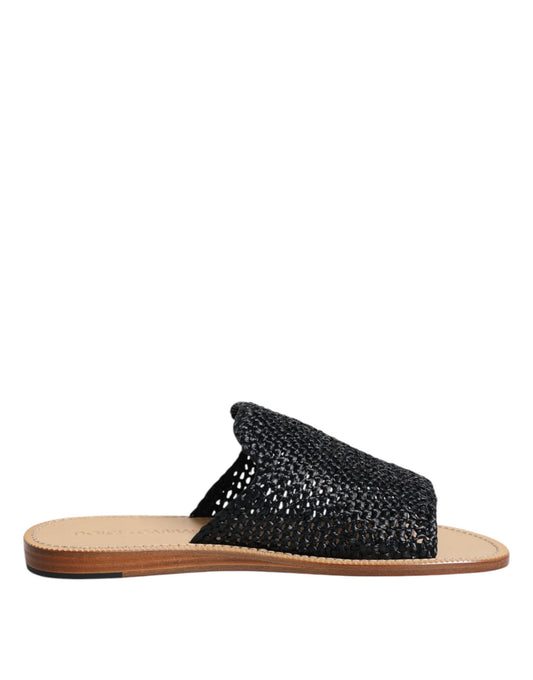 Black Monochrome Braided Raffia Slides Shoes