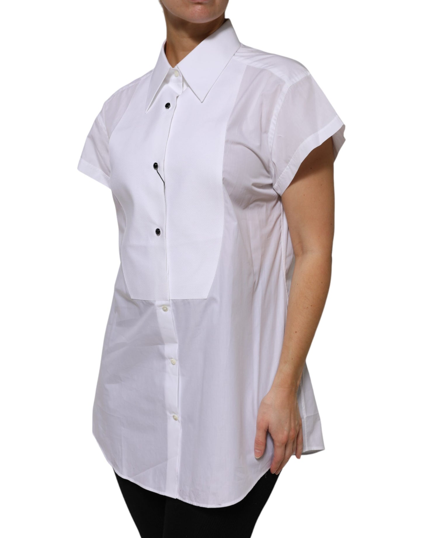 White Cotton Collared Short Sleeves Top