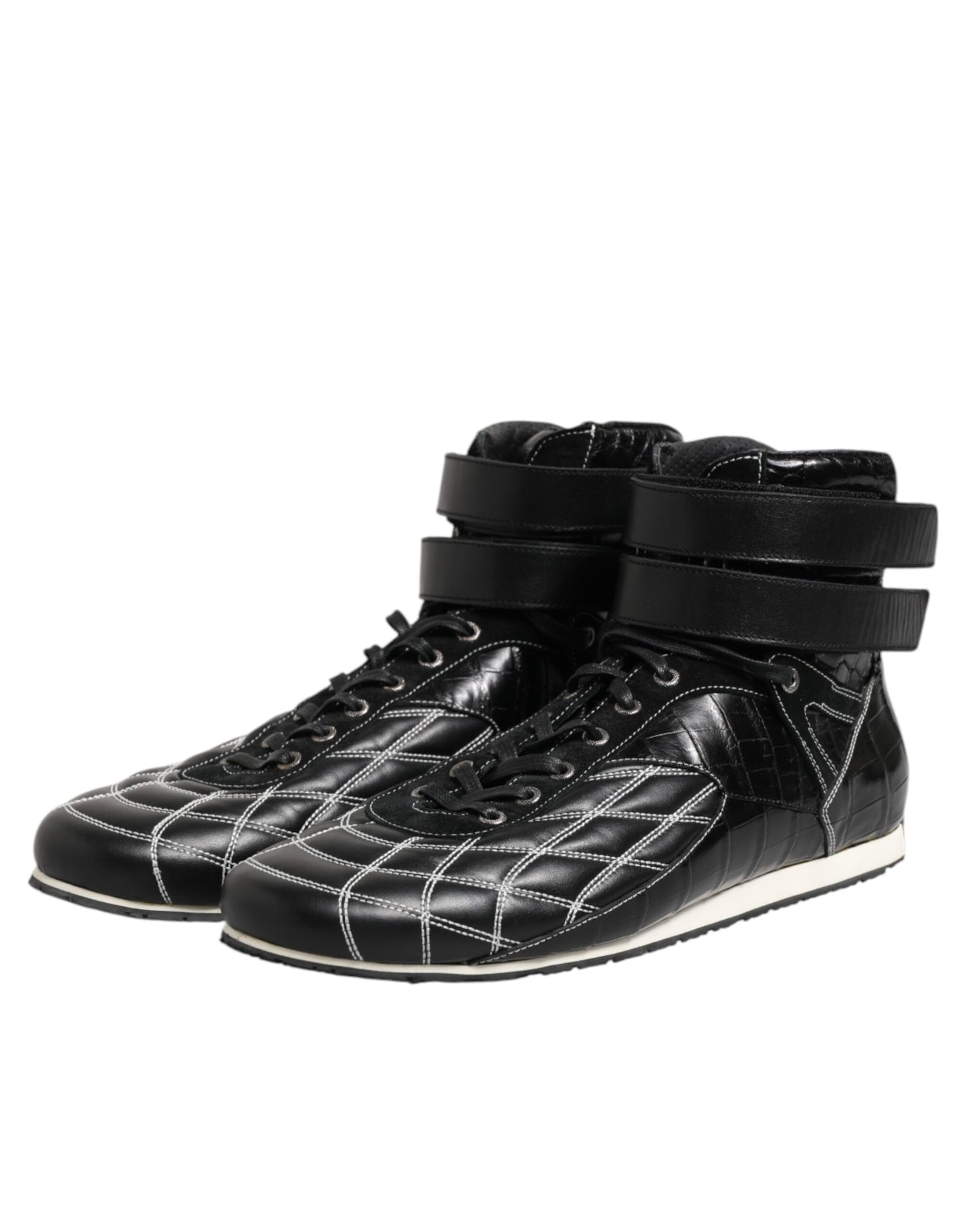 Black Quilted Leather Lace Up Sneakers Shoes